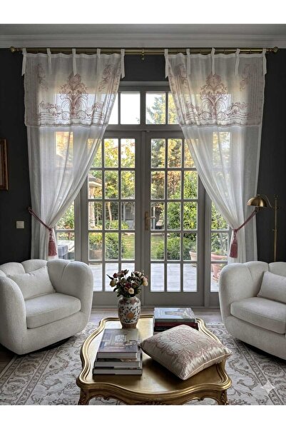 CASA NATURALE Keten Görünümlü Tül Perde Süzene Nakışlı Farbela Panel Salon ve...