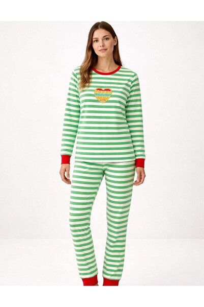 OrganicKid Cookie Kadın Yeşil Çizgili Uzun Kol Pijama Takımı
