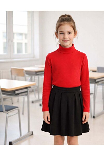 OrganicKid Basic Unisex Çocuk Kırmızı Yarım Balıkçı Yaka Uzun Kollu T-shirt