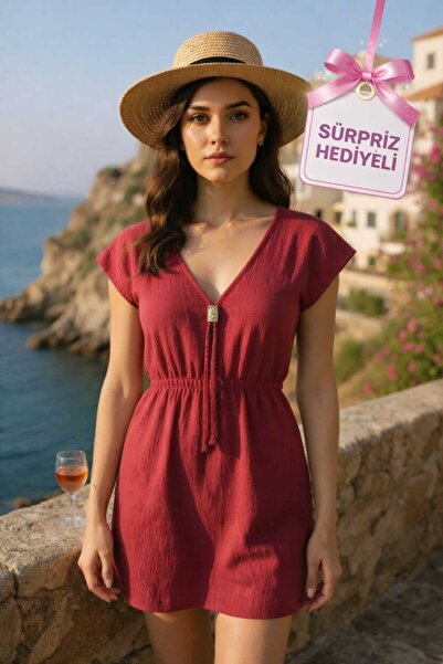 R ROCKBLACK Γυναικείο μπορντό μίνι φόρεμα παραλίας με σχισμές στα πλαϊνά και ...