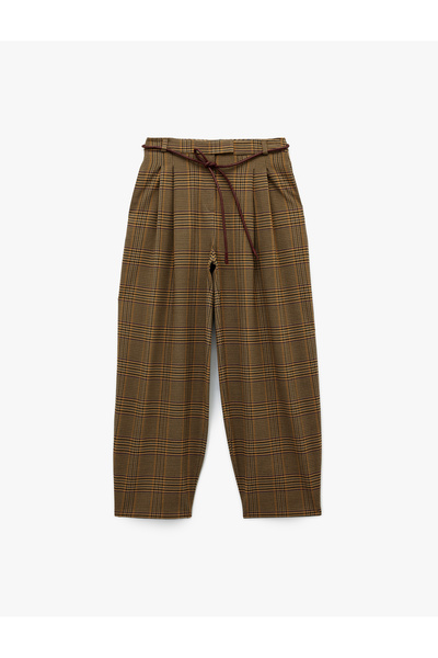 Koton X Melis Ağazat - Kostkované balonové kalhoty s kapsami, detaily na záde...