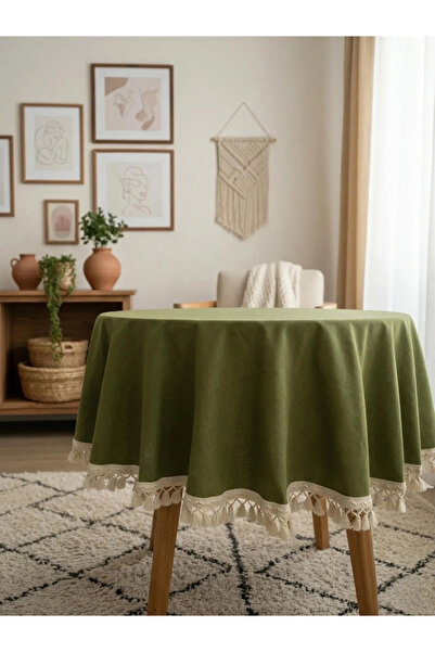 NDC HOME Premium Keten HAKİ Yuvarlak HAM PONPONLU Masa Örtüsü