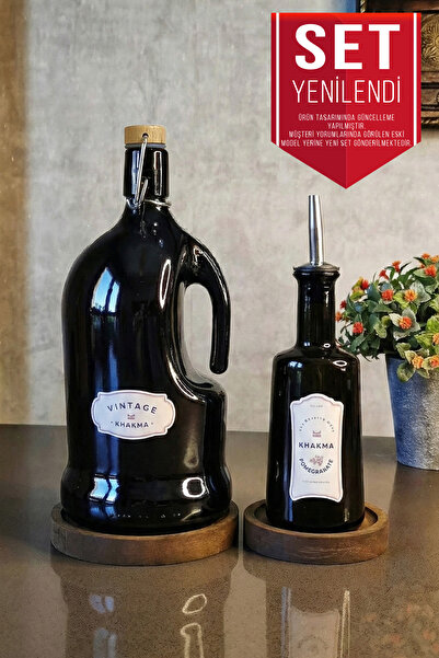 KHAKMA Ahşap Stantlı Siyah Amber 2'li Italyan Zeytinyağı Sıvıyağ Şişesi Yağda...