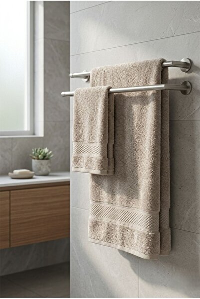 Marla Life Taş Rengi Yüz ve Banyo Havlusu Seti %100 Pamuk Yumuşak Dokulu Emic...