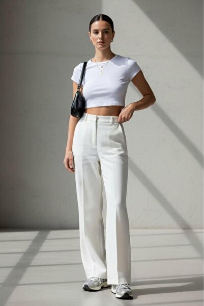 NO 601 Γυναικείο λευκό απλό ύφασμα κρεπ με κουμπιά παντελόνι palazzo