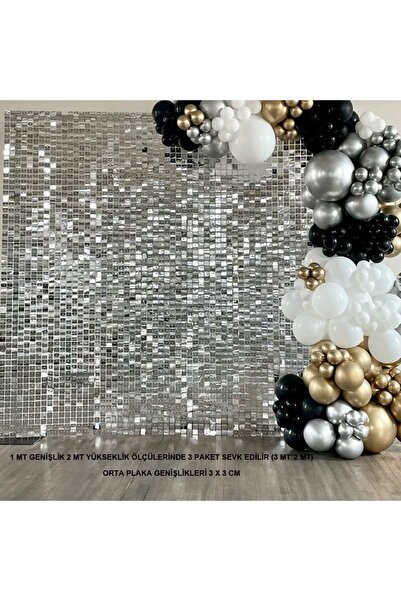 partidolu 3 Adet Gümüş Renk Fon Perdesi Folyo Dekor Süsü 2x1 mt retro