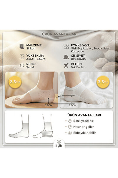 optana Silikon Çorap Taban Gizli Topuk Yükseltici Boy Uzatma Kadın Erkek