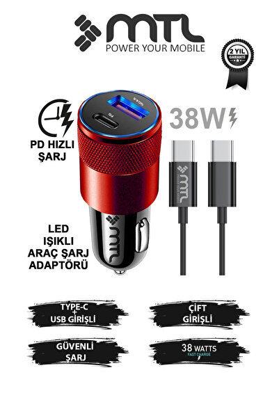 MTL Araç Şarj Aleti Çakmaklık 38W Type-C | Type-C + USB Çift Portlu - Qualcom...