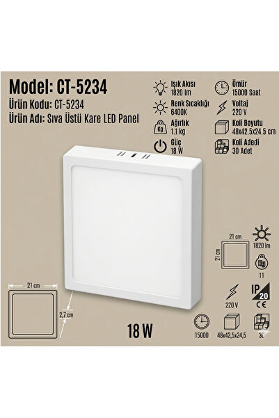 Cata ( CT-5234 ) Sıva Üstü Kare LED Panel 18W – BEYAZ IŞIK (6400K) | Sıva Üst...