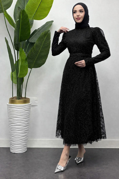 Tesettür Diyarı Γυναικείο βραδινό φόρεμα με παγιέτες και γκλίτερ - Μαύρο