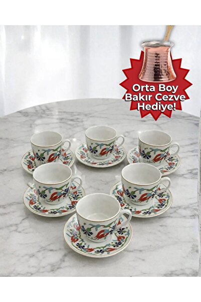 AiroBazar 6 Kişilik Kahve Fincanı Takımı – Bakır Cezve Hediyeli Topkapı Desen...