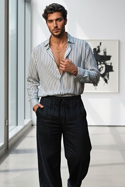 NO 601 Ανδρικό μαύρο και λευκό ριγέ ύφασμα βάφλας oversize casual πουκάμισο