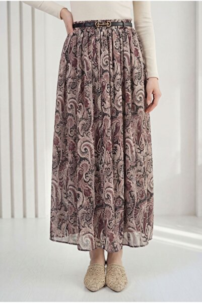 BENAHOLL Müberra Patterned Belted Chiffon Skirt-Fa1073 Burgundy-Stone