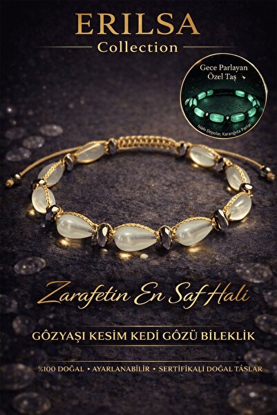 Erilsa Sertifikalı Kedi Gözü Bileklik - 9mm Gözyaşı Fosforlu Gece Parlayan Ak...