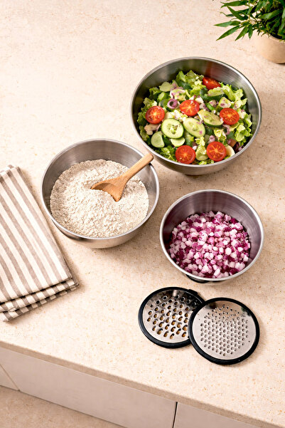 Kitchen Life Paslanmaz Çelik Profesyonelia 9 Parça Rendeli Karıştırma Kabı ve Saklama Kabı - Çırpıcı Kase