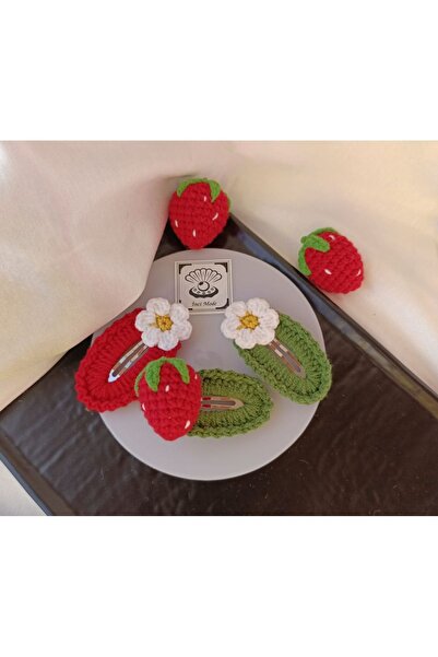 İnci Mode Red Strawberry Floral Green 3-Piece Snap Buckle Set, Hand Knitted B...