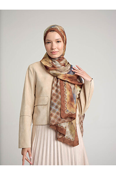 Ayshara Suyolu Etnik Desenli Çift Taraflı Şal - Taba Kahve