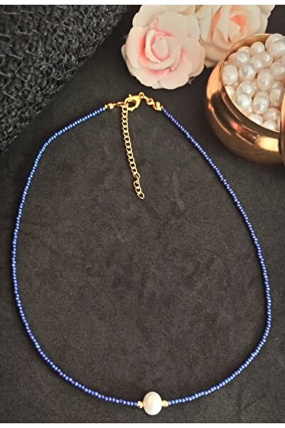 İnci Mode 24k Altın Kaplama Gerçek Tek inci Kum Boncuklu Trend kolye Lacivert