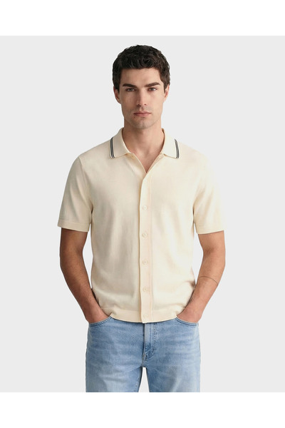 Gant Erkek Krem Regular Fit Düğmeli Yaka Kazak