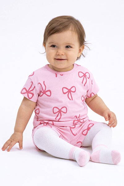 bebegen Baby Girl Pink Bow Patterned Shorts 2-Piece Set