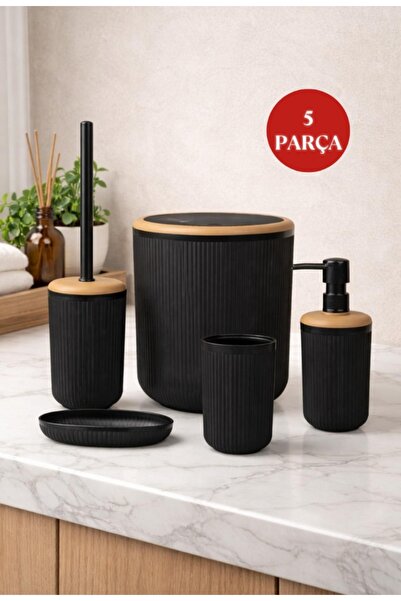 Okyanus Home Linea Due Siyah Çizgili Yuvarlak 5'li Banyo Seti