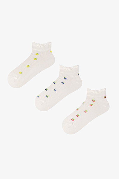 Penti 3 Çift Burun Dikişsiz Pamuklu Meyve Desenli Fırfırlı Patik Çorap