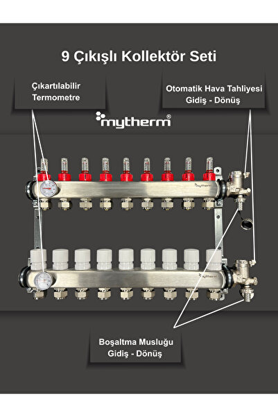 mytherm 9'lu Yerden Isıtma Kollektör Seti Debimetreli Paslanmaz