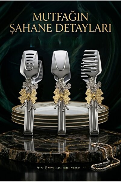Genel Markalar Kelebekli Gümüş Şık Servis Sunum Takımı 3'lü Maşa Seti Paslanm...