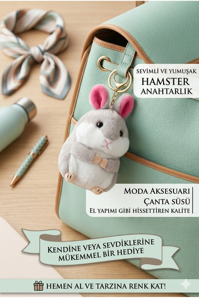 Şirin Uzun Kulaklı Sevimli Peluş Hamster Anahtarlık - Pofuduk Tavşan Kulaklı ...