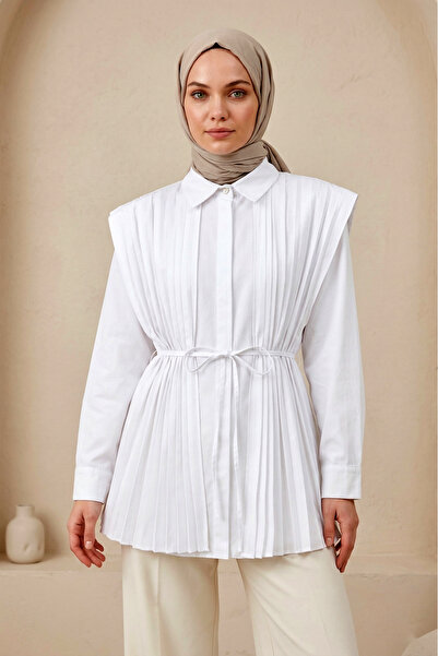 FERHEL Γυναικείο πουκάμισο με λεπτομέρεια πλισέ και κορδόνια, μακρυμάνικο μον...