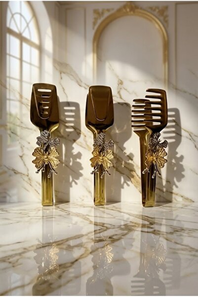 Genel Markalar Kelebekli Gold Şık Servis Sunum Takımı Titanyum Kaplama 3'lü M...