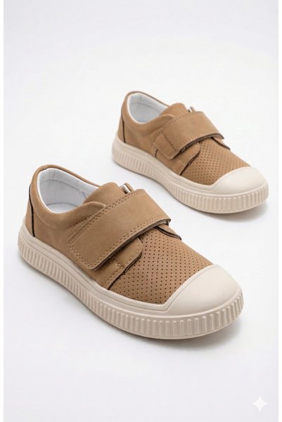 ORELİON Unisex Tan Velcro Children's Sports Shoes Breathable Lightweight Orthopedic Non-Slip Sole Daily Sneakers