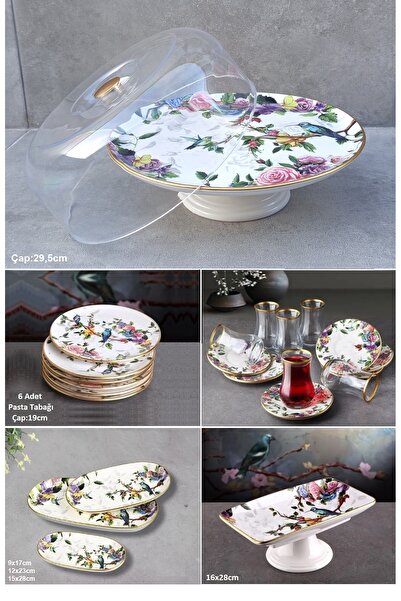 Pinkev Flora 24 Parça Seramik Fanuslu Pasta Çay Bardaklı Kahvaltı Sunum Tabağ...