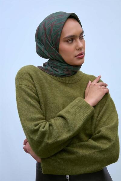 Silk Home Μαλακό βαμβακερό κασκόλ Σκούρο πράσινο πικρό καφέ με γεωμετρικό σχέ...