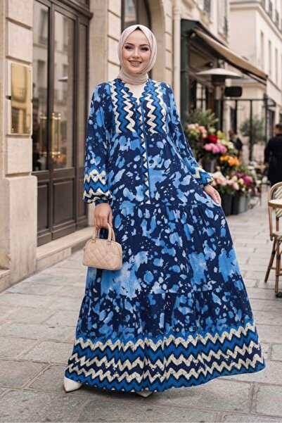 Bestenur Turel Φόρεμα με μισό κουμπί υφαντό βισκόζη 1502 - Navy Blue