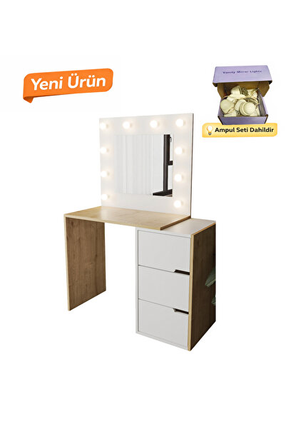 VM VERTEX MOBİLYA Modena Hollywood Işıklı Aynalı Çekmeceli Makyaj Masası Safi...