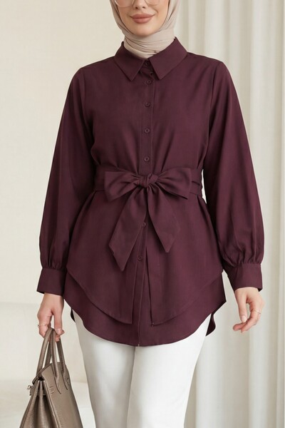 Modamorfo Self-Tied Belted Poplin Tunic - Plum