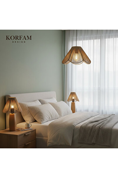 KorFam ROSALİNDA Modeli Avize & Abajur Set - Hasır El Yapımı Bohem Çiçek Şeki...