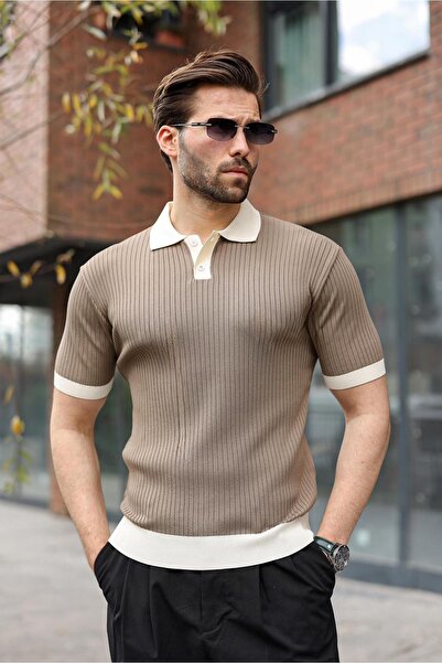 Madmext Ανδρικό πλεκτό μπλουζάκι με λαιμόκοψη πόλο από βιζόν E7471