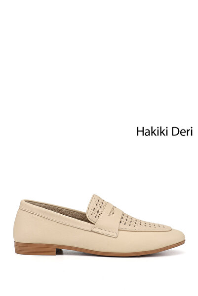 GÖNDERİ(R) Γυναικείο Μπεζ Αντίκα με τύπωμα Γνήσιο Δέρμα μοκασίνια