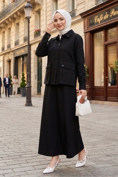 Bestenur Πουκάμισο με τσέπη και φούστα δύο τεμαχίων 1551 - Μαύρο