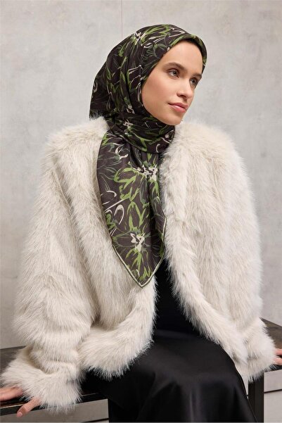 Silk Home Eșarfă din bumbac și poliester Negru-Kaki Verde Bej Model botanic T...