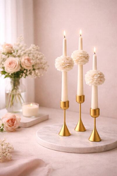 SANAT SEPET İŞLERİ ŞAMDAN MUM 3 ADET ŞAKAYIKLI ÇİÇEKLİ ŞAMDAN MUM DEKORATİF