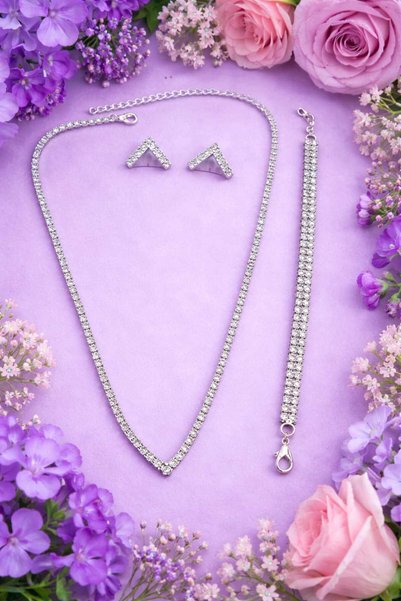 KLC TAKI Women's Silver Color Model Waterway Zircon Stone Necklace Earrings Bracelet Set