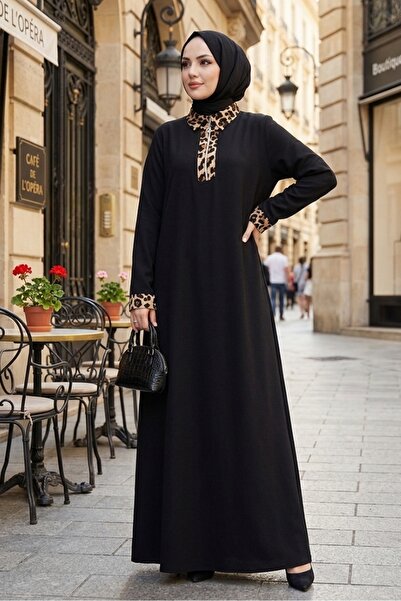 Bestenur Λεοπάρ Λεπτομερές Φόρεμα με μισό φερμουάρ 1564 - Μαύρο