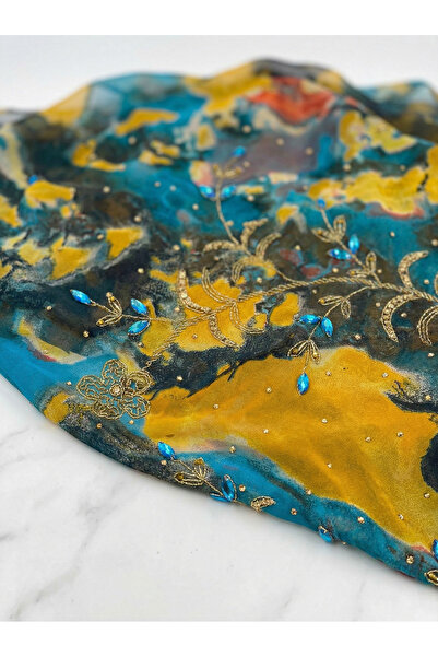 METERİAL Turquoise and Gold Moss Chiffon Fabric with Embroidery and Blue Jewe...