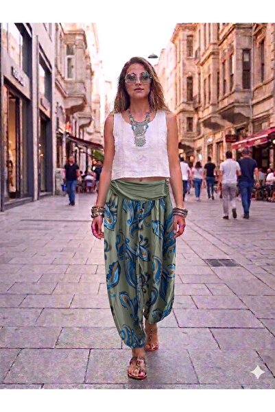 AYASOFYA OTANTIK Γυναικείο ιταλικό χακί σάλι με μοτίβο μέσης και ελαστικό βισ...