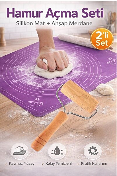 Kitchen Beauty Silikon Hamur Açma Matı Ölçekli Hamur Açma Altlığı Ve Ahşap Saplı Rulo Hamur Açıcı Merdane Oklava
