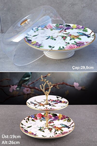 Pinkev Flora 2li Fanuslu Seramik Katlı Kurabiyelik Pasta Sunum Tabağı Seti - ...