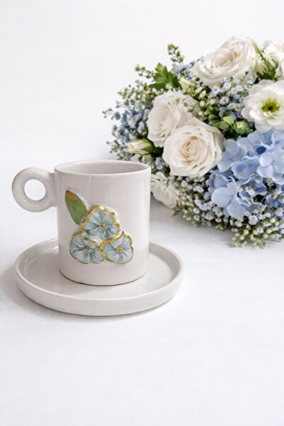 Dİ TAZZA Handmade 2-Person 4-Piece Blue Floral 110 ml Coffee Cup